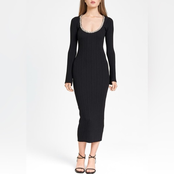 NWT WAYF Cinthia Jewel Neck Long Sleeve Rib Midi Dress Black Size Medium - Picture 1 of 8